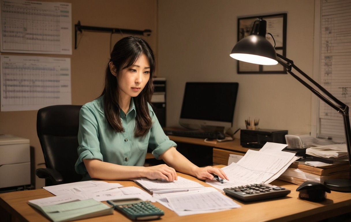 夜、机で書類と向き合う経理担当者